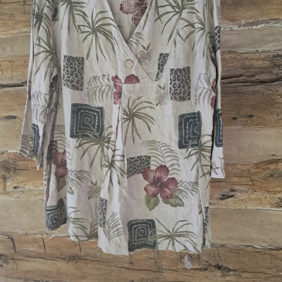 Hot Cotton Tan V Neck Oversized Tropical Print Linen Tunic Size XL - Picture 3 of 8